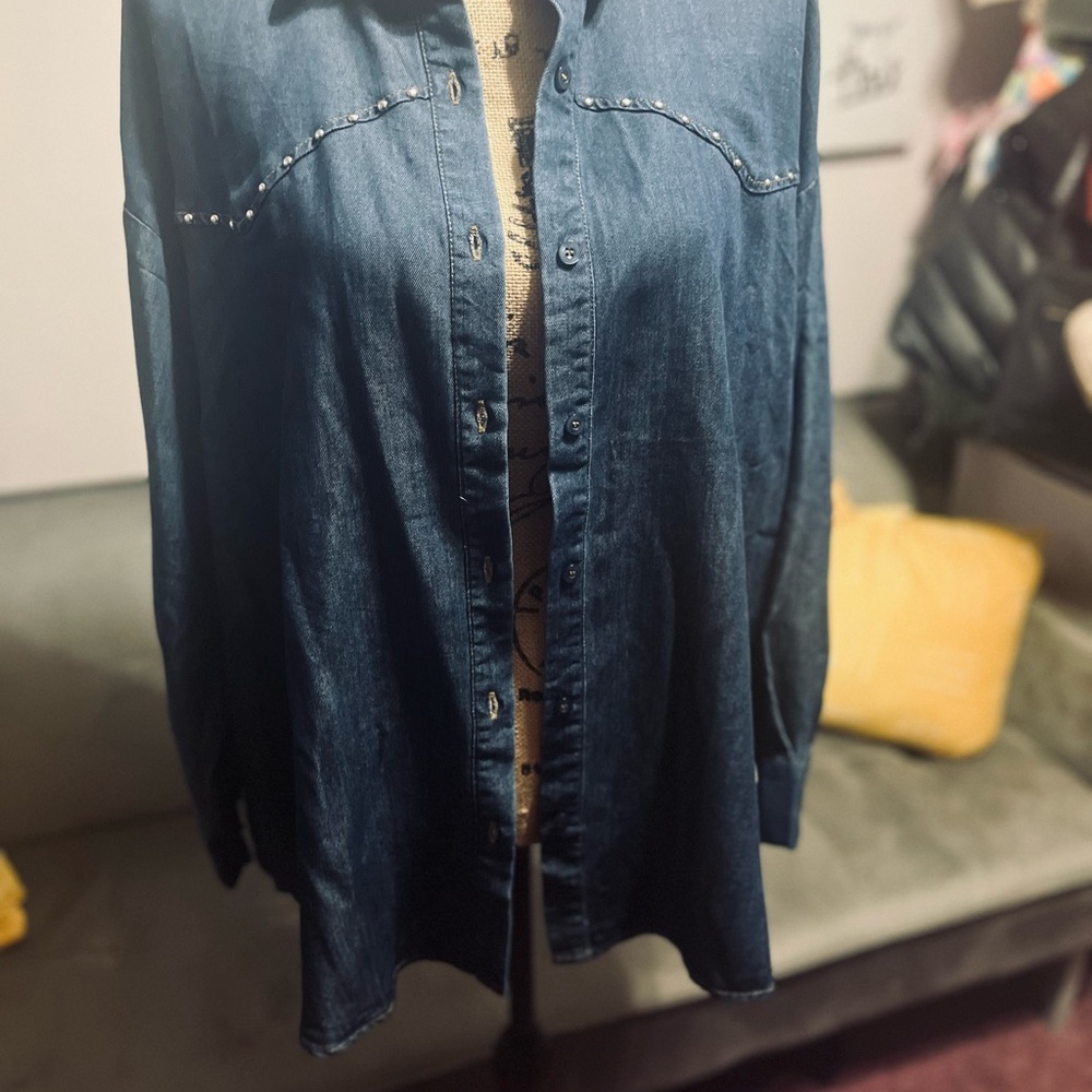 Studio Dark Blue Denim Button-Up Top - Picture 6 of 14
